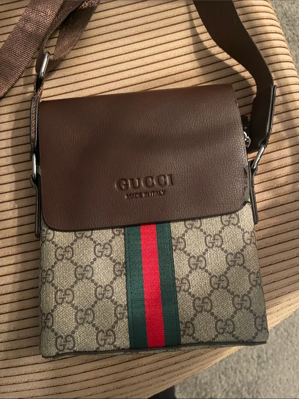 Gucci Brown GG Supreme Messenger Bag with Red-Blue Web Stripe